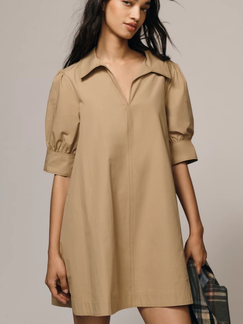 Anthropologie Maeve Puff-Sleeve Mini Shirtdress in Tan